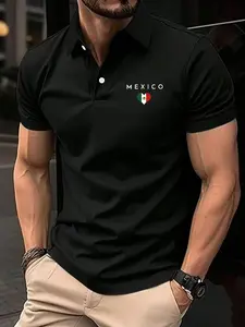 Men's Regular Fit Mexico Flag Graphic Print Polo Shirt, Casual Design, Casual Short Sleeve Collared Top for Summer, Fashion Men's Clothes for Daily Wear, Tropical, Menswear