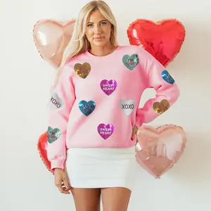 Dear-Lover Women's Pink Glitte Sequin Romantic Letters Heart Graphic Round Nreck Pullover Sweatshirt, Valentines Lettering Heart Patched Pattern Crewneck T Shirt