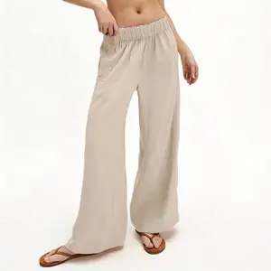 FAIABLE Women's Wide Leg Cotton Linen Pants Elastic High Waist Flowy Casual Trousers with Pockets for Summer Vacation Travel