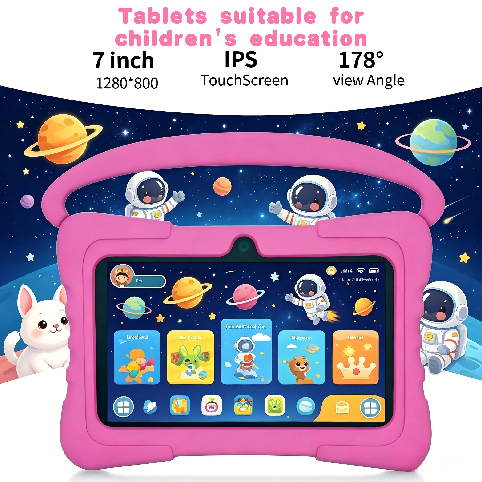 Kids Android Tablet 7 Inch, 1GB RAM 16GB Storage, WiFi Bluetooth Enabled, Dual Cameras, Parental Control, Eye Care Mode, Shockproof Protective Case, Learning Educational Tablet, Learning Entertainment Tablet, Blue & Pink