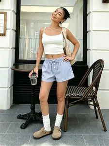 Summer New Women's Fashion Striped Drawstring Waist Shorts, Casual Loose-Fitting Elastic Waist Gym Shorts for Summer Holidays