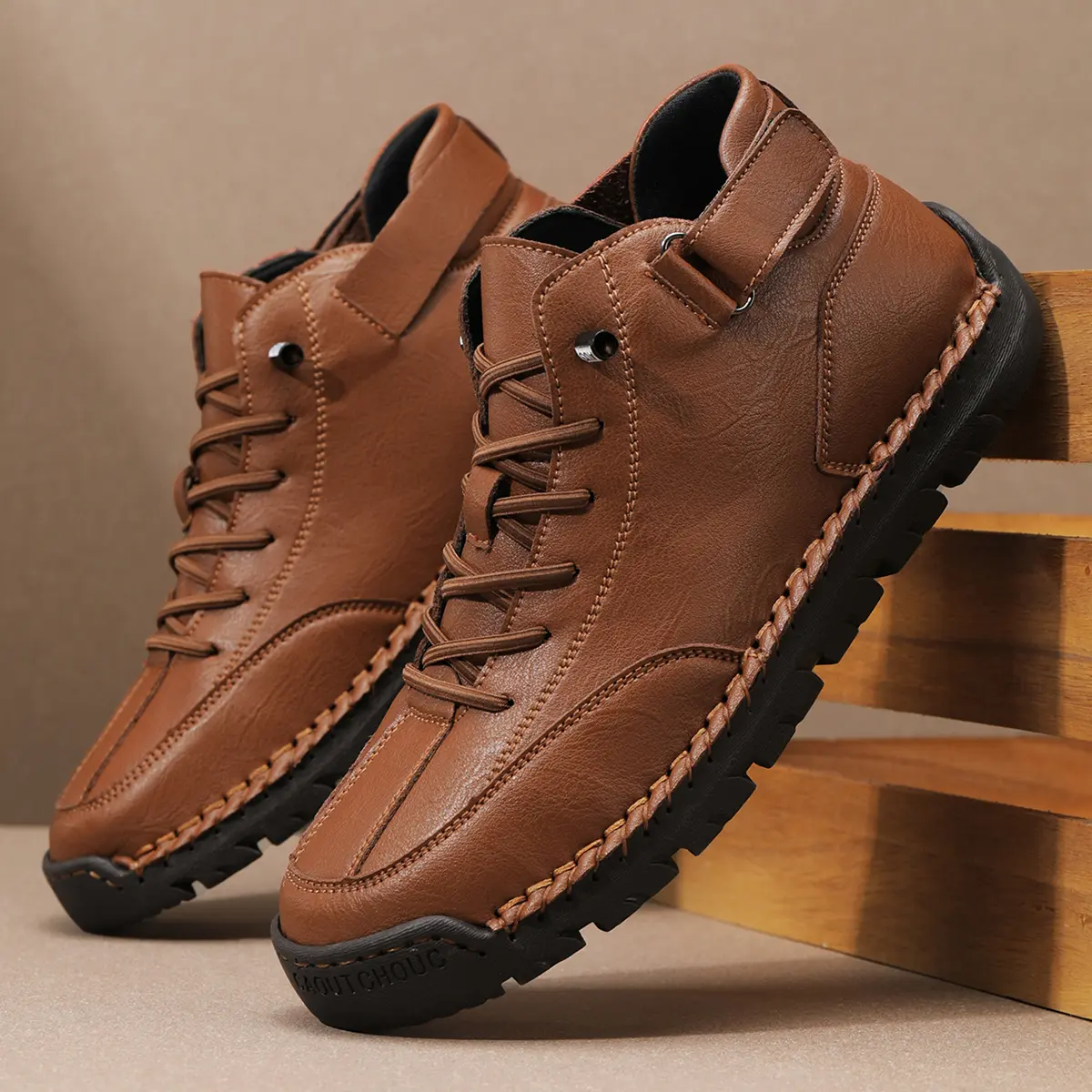 Vintage Brown Hand Sewing Leather Mid High Boots for Men Convertible Magic Tape Soft Cushioned Anti Slip Lightweight Street Outdoor Footwear