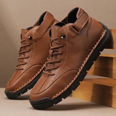 Men's Retro Brown Genuine Leather Mid-High Hand-Sewn Casual Outdoor Boots - Convertible Magic Tape, Soft Cushioned, Anti-Slip, Lightweight Plain Shoes