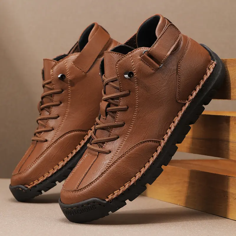 Men's Retro Brown Genuine Leather Mid-High Hand-Sewn Casual Outdoor Boots - Convertible Magic Tape, Soft Cushioned, Anti-Slip, Lightweight Plain Shoes