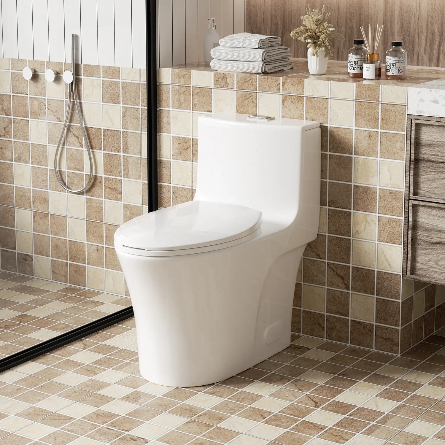Elongated One-Piece Toilet with Soft Close Seat, Dual Flush 1.1/1.6 GPF, Siphonic S-Trap 12" Rough-In, ADA Comfort Height 17", Glossy White Ceramic, Tornado Flush, WaterSense Efficient, Quiet Close
