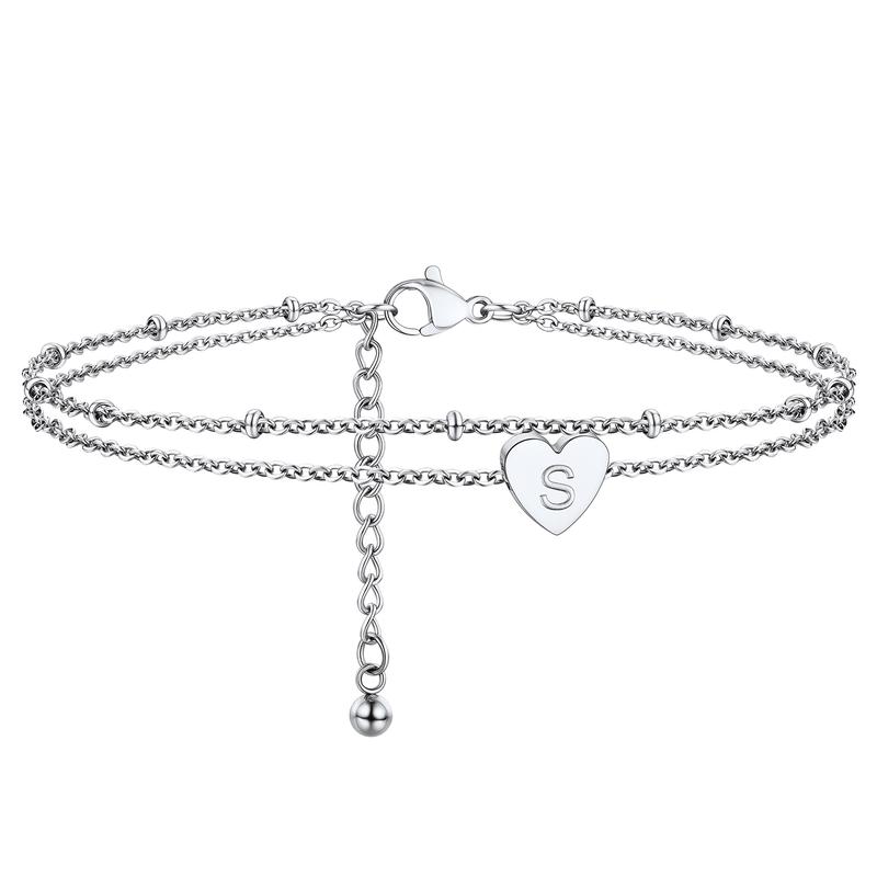 PROSTEEL Initial Heart Charm Anklet 26 Letters Double Layers Stainless Steel Chain Unique Design Anklet 8-10.5 Inch Adjustable For Women Gift Box PROSTEEL Initial Heart Charm Anklet 26 Letters Double Layers Stainless Steel Chain Unique Design Anklet 8-10.5 Inch Adjustable For Women Gift Box