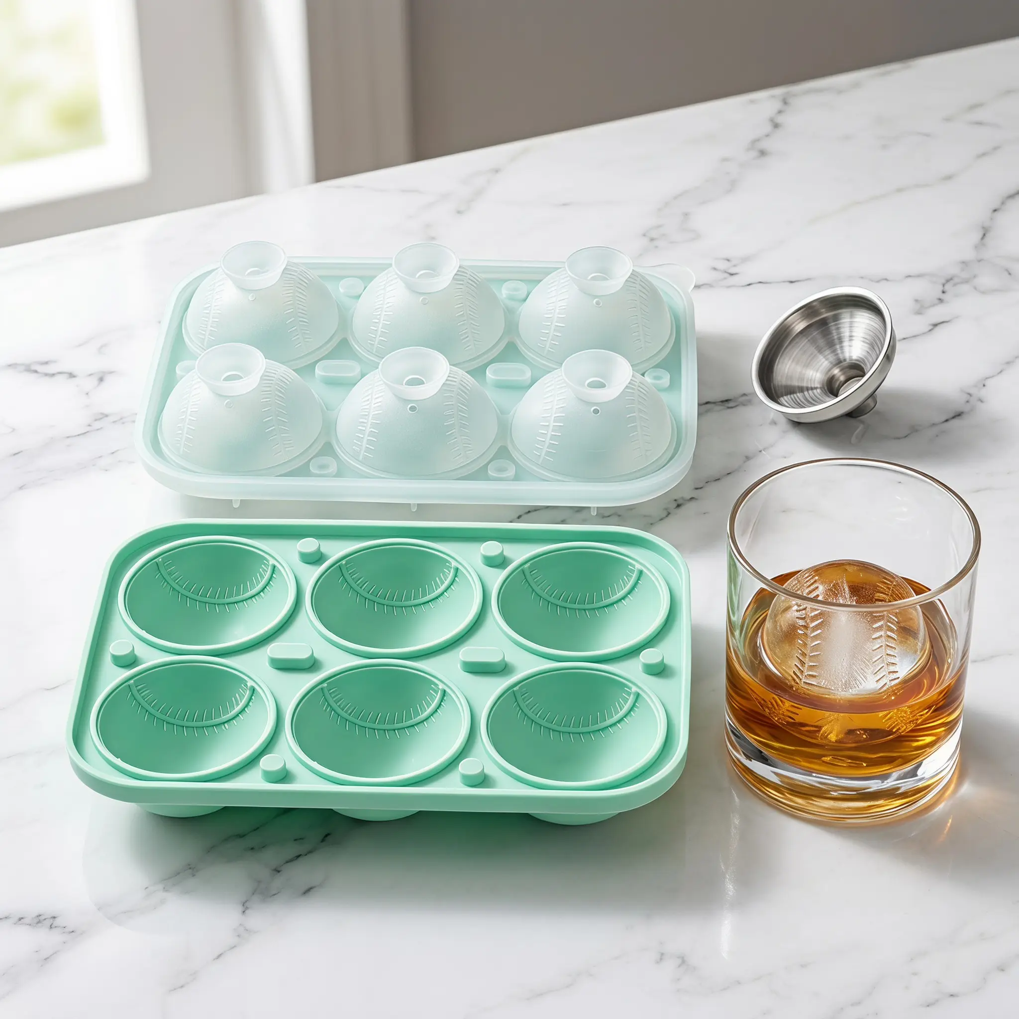 Food-Safe Silicone Large Round Ball Shapes Ice Mold Tray with Lid, Stackable Kitchen & Bar Utensil, Slow-Melting Sports Ball Ice for Whiskey, Home & Bar Use