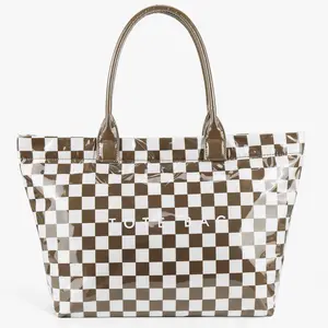 Women's Retro PVC Tote Bag - Checkered Pattern,Zipper Closure & Fixed Shoulder Straps,Spacious Durable Handbag, Versatile Carryall,Elegant Clasp Details,Oiledged Finish,Polyester Lined Interior, Everyday Purse,Classic Design, High Quality Craftsmanship