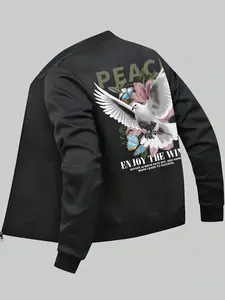Men's Regular Fit Peace Dove Print Zip Up Jacket, Casual Comfy Long Sleeve Baseball Collar Outerwear for Spring & Fall, Fashion Men's Clothes for Daily Wear, Coats