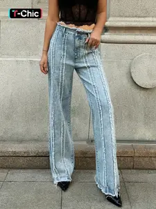 Fashionable Women's Jeans with Light Wash Fringe Design, Stylish Streetwear Womenswear for All Seasons, Everyday Denim Long Pants for Women