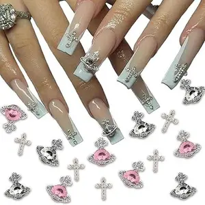 25 PCS Planet Nail Art Charms White Pink 3D Cross Nail Art Supplies with Rhinestones Saturn Shape Design Nail Gems Shiny Nail Jewelry Acrylic Accessories for Women Nail Decorations