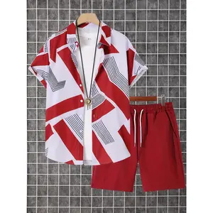 [Print design shirt and shorts] summer short-sleeve button-up shirt and shorts set-print design-men's