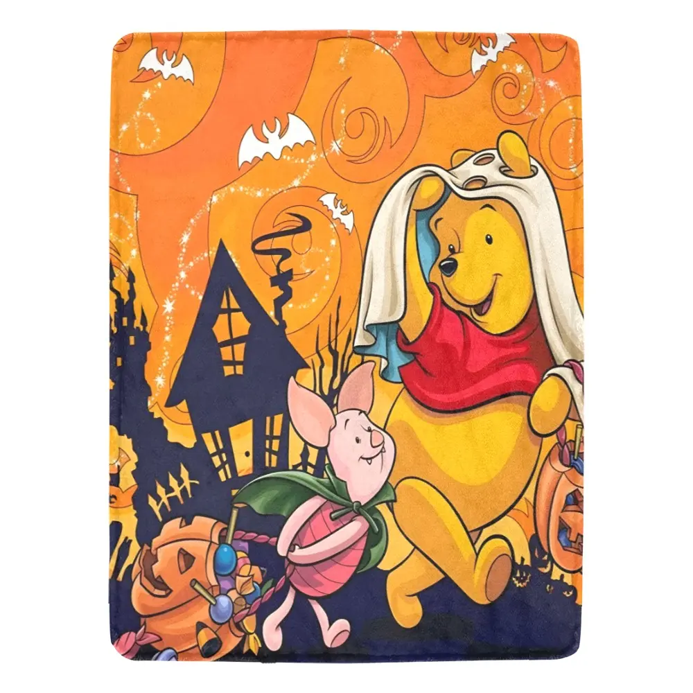 [SummerVibes] DISNEY CLASSIC Winnie the Pooh & Friends Halloween Flannel Throw Blanket - Ultra-Soft, Durable, Easy-Care Bedding with Spooky Cartoon Design for All Seasons