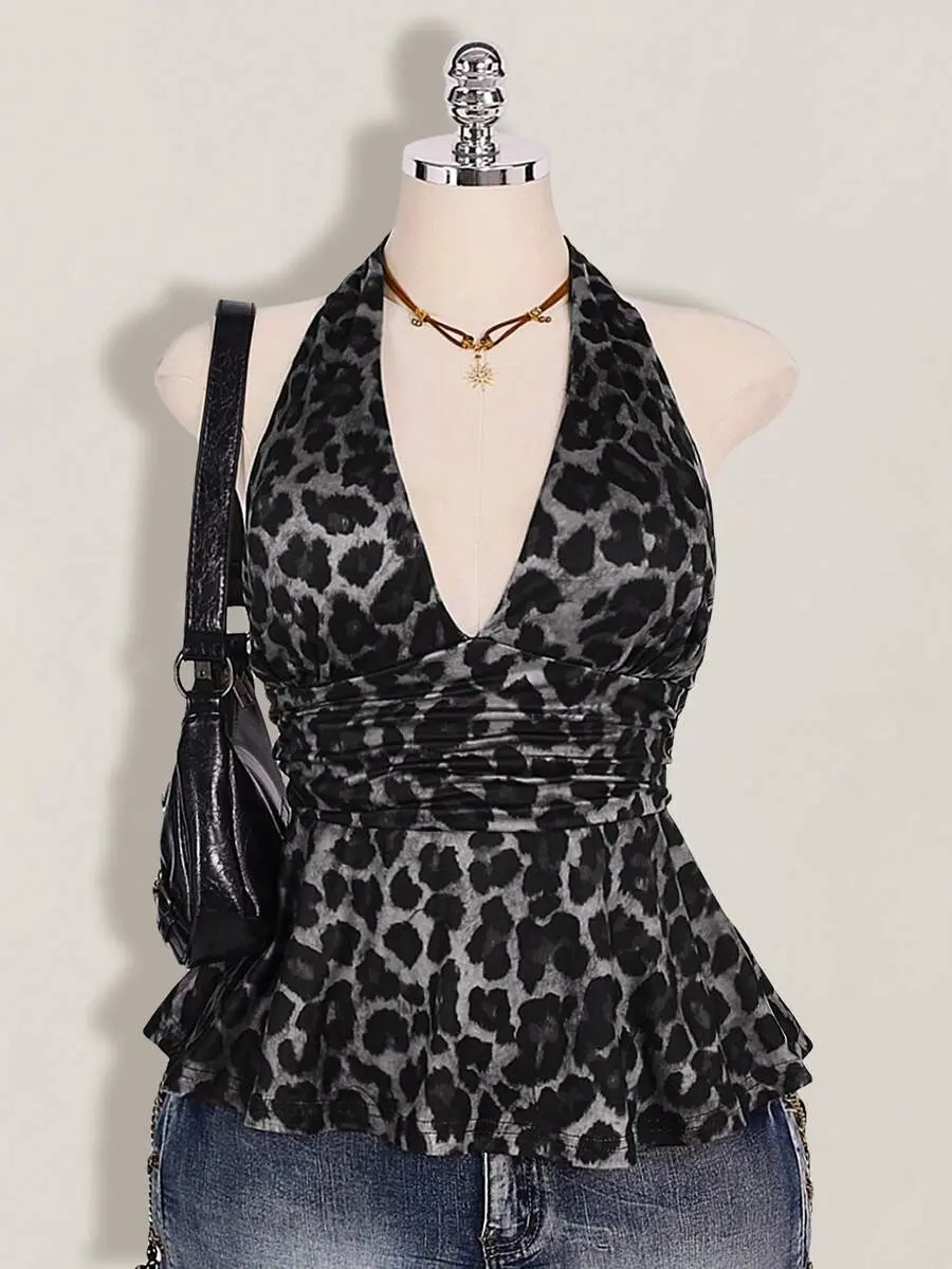 Plus Size Women's Leopard Print Deep V Halter Neck Top,Pink And Grey,Summer,70's,Night Out Club,Party Retro Y2K Waist Gathered Loose Hem Fitted Top