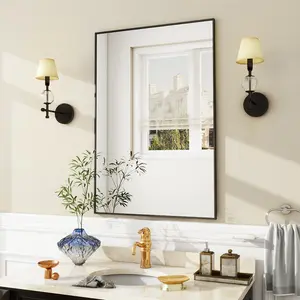 Black bathroom wall mirror 24 x 36 rectangular mirror with metal frame hangs horizontal or vertical for living room bedroom bathroom entryway