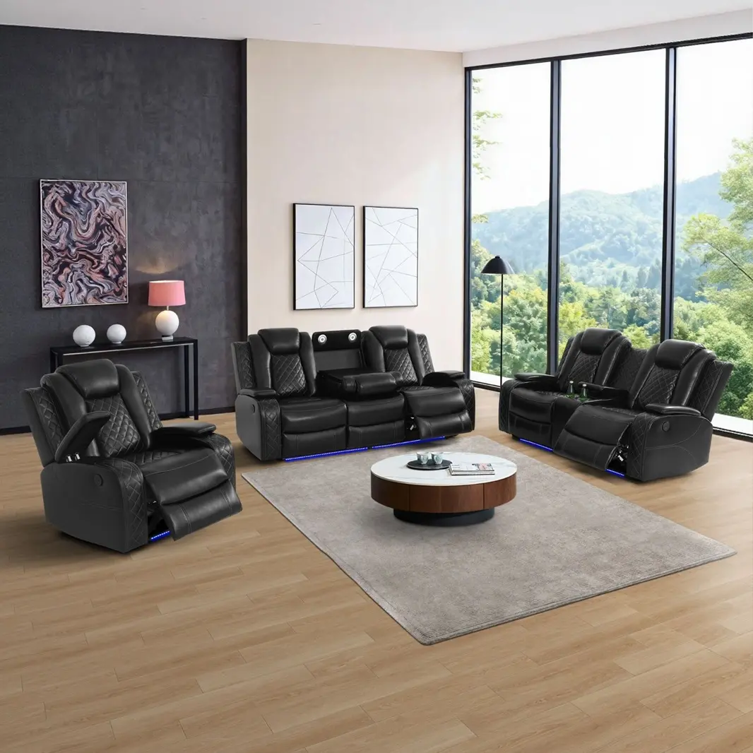 Vera Black Eco-Friendly Remote-Powered Durable 3-In-1 Faux Leather Electric Recliner Comfy Couch Loveseat - 160-Degree Recline, Fixed Arms, Armrest Storage, USB Charger, Built-In Coffee Table, Reading Light, Wireless Pads, Modern Sleek, Assembly Required