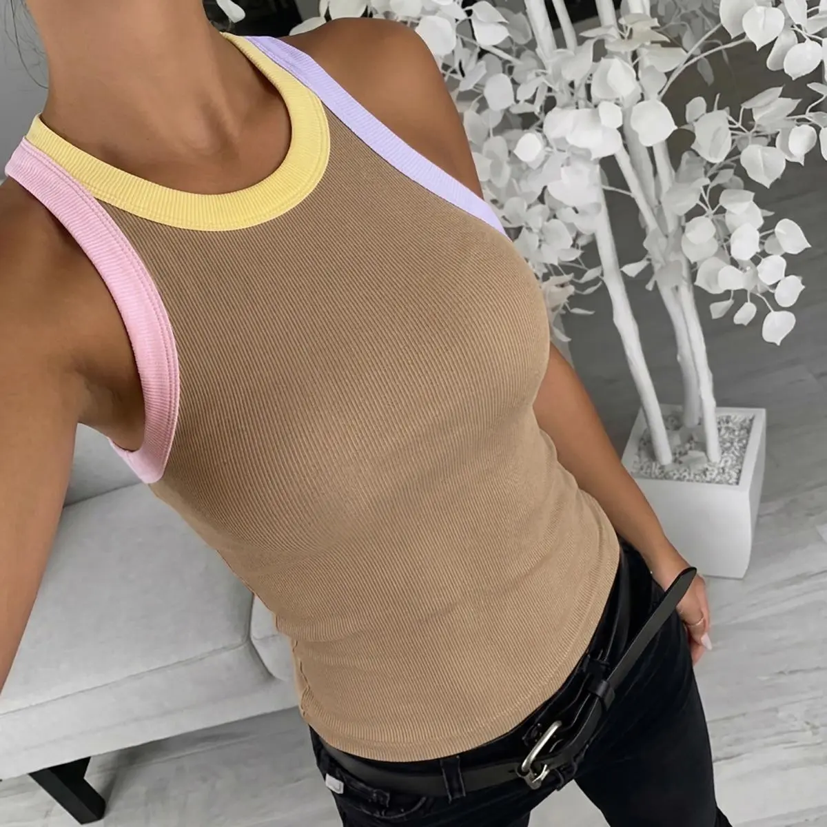 CHICME Women's Ribbed Knitting Elastane Camisole Tank Top - Buttery-Soft Touch, Lightweight, High Stretch, Slim Fit, Round Neck, Sleeveless, Contrast Panel Trim, Machine Wash Basic Layering Casual Streetwear Top