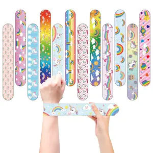 12pcs Rainbow Slap Bracelets for Kids, Unicorn Rainbow Wristbands, Magical Shower Party Supplies, Girls Boys Cloud Decorations