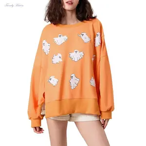 WomenHalloweenHoodie,LongSleeveCrewNeckGhostPrintPulloverSweatshirtFallTops