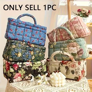 Vintage Floral Print Quilted Storage Basket, Foldable Snack Basket, Laundry Basket, Bathroom Organizer, Bedroom Essentials, Home Organizer, Large Capacity, Collapsible Storage Baskets