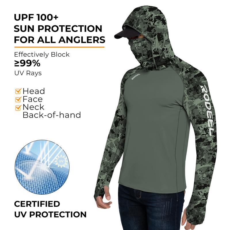 RODEEL 934 Sun Hoodie Shirt w/ UV Detection Mask Neck Gaiter Thumbhole Men UPF 100+ Sun Protection Raglan Long Sleeve Lightweight Quick Dry Moisture Wicking Breathable Cooling Athletic Activewear for Outdoor Hiking Fishing Construction Roofing Landscaping