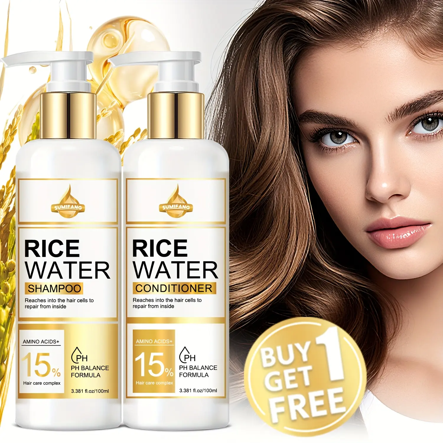 Natural Rice Water Smoothing and Repairing Shampoo and Conditioner Set, Hydrating hair care, Repairs dry, split ends caused by perming and dyeing, relieves oily scalp, strengthens hair strands, nourishes hair roots, leaving hair smooth and shiny