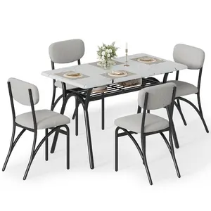 Garvee Modern Rectangular Dining Table Set for 4 with Boucle Chairs in Gray and Marble Finish, Space-Saving Kitchen and Dining Room Furniture with Storage Shelf for Small Spaces