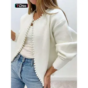 Women's Solid Faux Pearl Decor Drop Shoulder Cardigan, Casual Long Sleeve Open Front Knitwear for Fall & Winter, Fashion Women's Knit Clothing for Daily Wear, Cardigan for Women cardigans cardigan cardigan for women