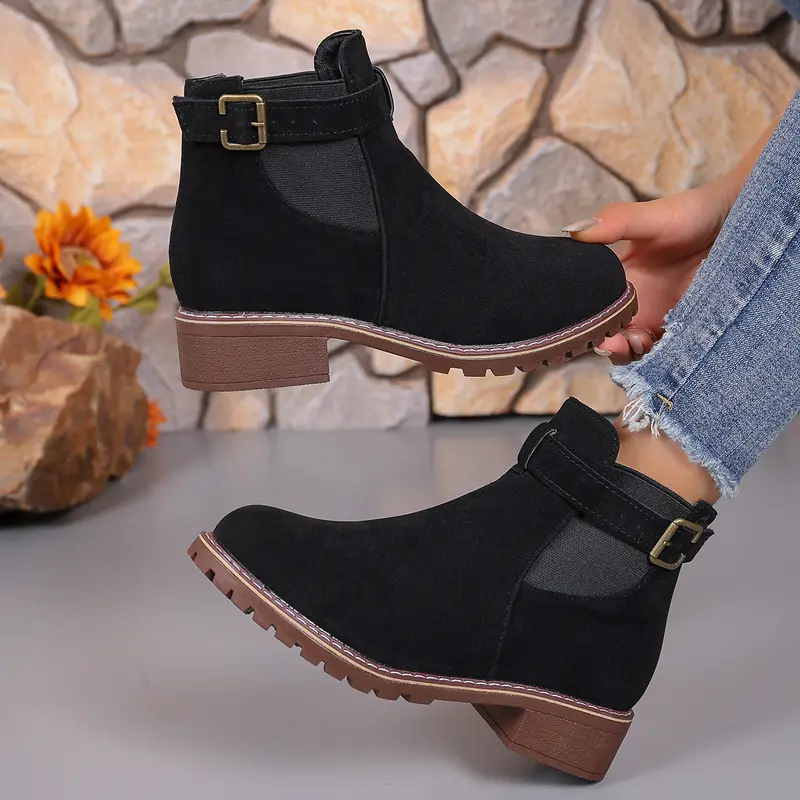 Women's buckle thick low heel anti slip thick sole fashionable ankle boots - round headed solid color short boots, suitable for winter and autumn, casual and formal wear