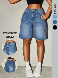 Women's Casual Wide-Leg Jeans Shorts, Summer Thin High-Waist Non-Elastic Bermuda Short Pants, Loose Fashion Straight Leg Street Style, Denim Summer Shorts