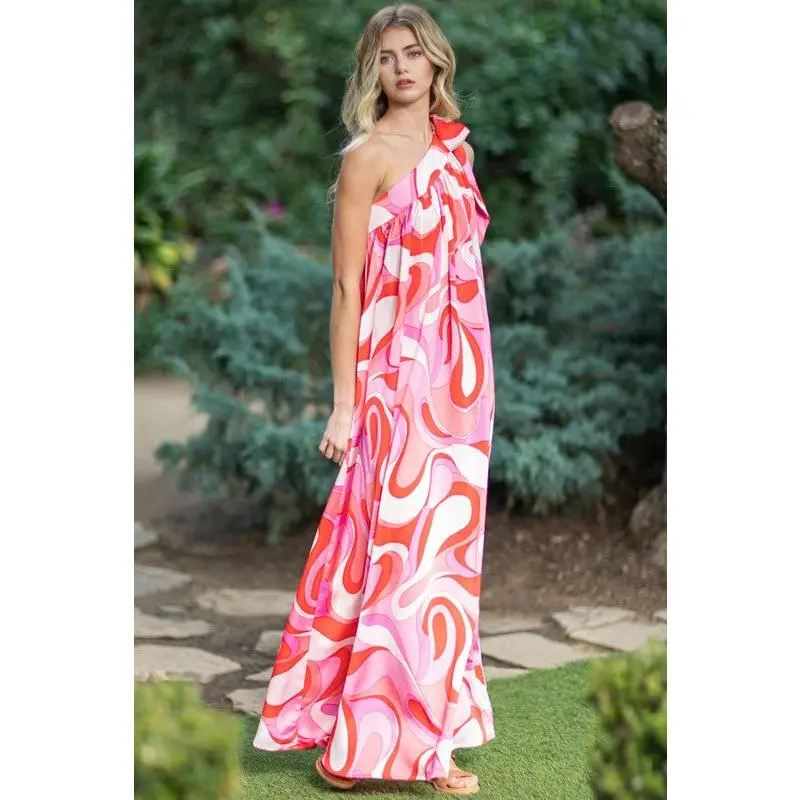 Patty One Shoulder Retro Maxi Dress - Fuschia