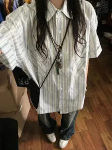 Women's Casual Loose-Fit Striped Button Front Shirt, Spring & Fall Woven Fabric Top, Simple Design Women's Clothing