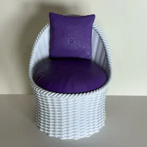 Handmade 3D Printed Wicker White Chair with Purple back pillow and cushion All plastic 1/6 scale chair 3D printed -No doll-