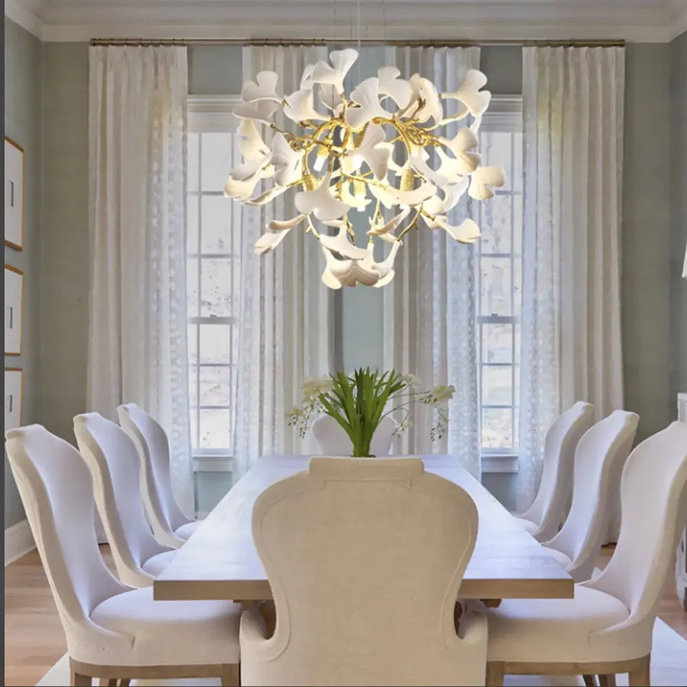 Gold Ginkgo Leaf Ceramic Tile Chandelier - Artisanal Lighting Fixture