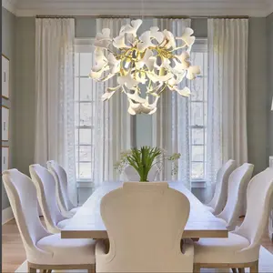 Gold Ginkgo Leaf Ceramic Tile Chandelier - Artisanal Lighting Fixture