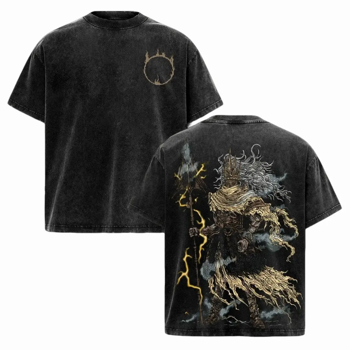 Dark Souls Inspired Nameless King Graphic Tee - Vintage Washed Oversized Heavy Cotton T-Shirt for Men & Women, Double Sided Grim Reaper Animecore Streetwear, Soulsborne Gamer Gift, Y2K Grunge Aesthetic Graphic Top, Casual Alt Gamer Merch Apparel 27G