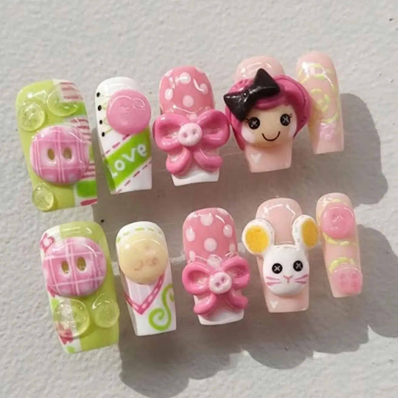 Cute Lalaloopsy Press On Nails Kawaii Button Nails Pink Bow Fake Nails Retro Doll Cute White Mouse 3D Handmade Nails Custom Nails Glue On