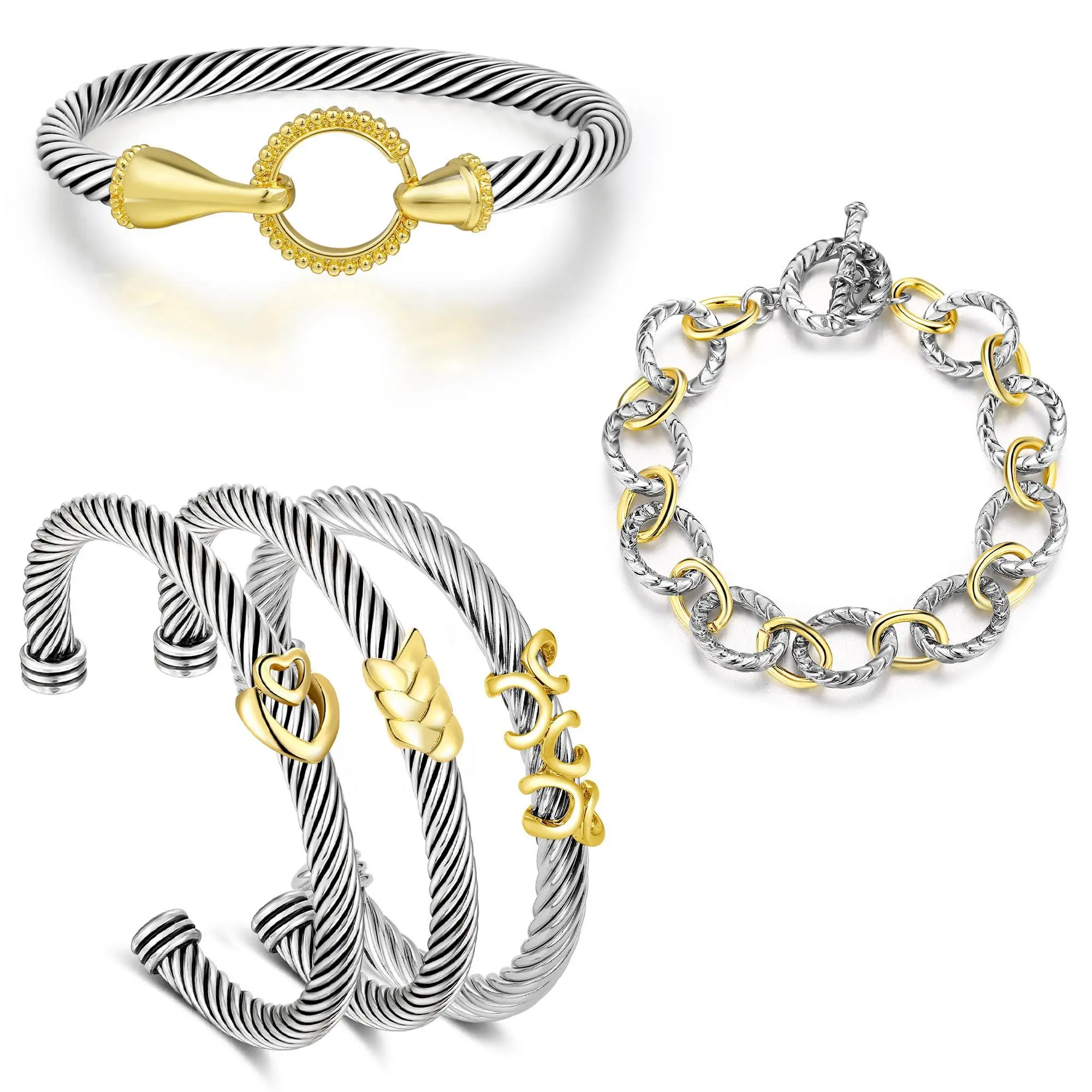 Aprilery 5PCS Stackable Twisted Cable Bracelet Set – Adjustable Two-Tone Cuff & Chain Link Design Jewelry Perfect Mother's Day Gift