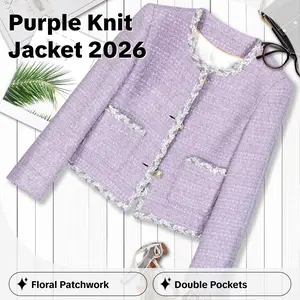 DUSHE Women's Chic Knitwear Jacket - Socialite Style Purple Chunky Knit Round Neck Floral Patchwork Longsleeves with 2 Buttons, 2 Pockets & Plush Lining, Fitted Fall-Winter 2026 Outerwear for Casual Everyday Wear, Women's Clothes