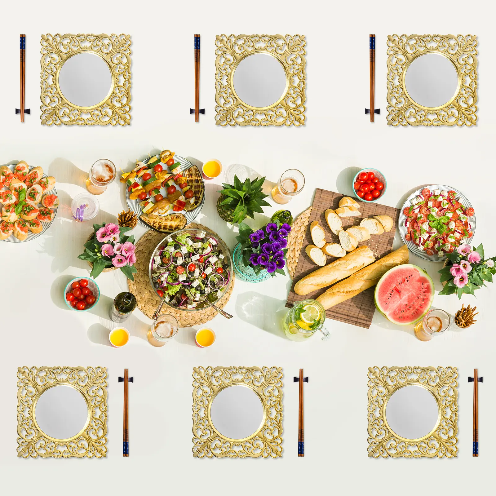 6 Pack Vintage Gold Square Charger Plates Electroplated Mirror Surface PP Acrylic Heat Resistant Spill Proof Table Protector Decorative Serving Plates for Wedding Home Dinner Party Banquet Table Setting