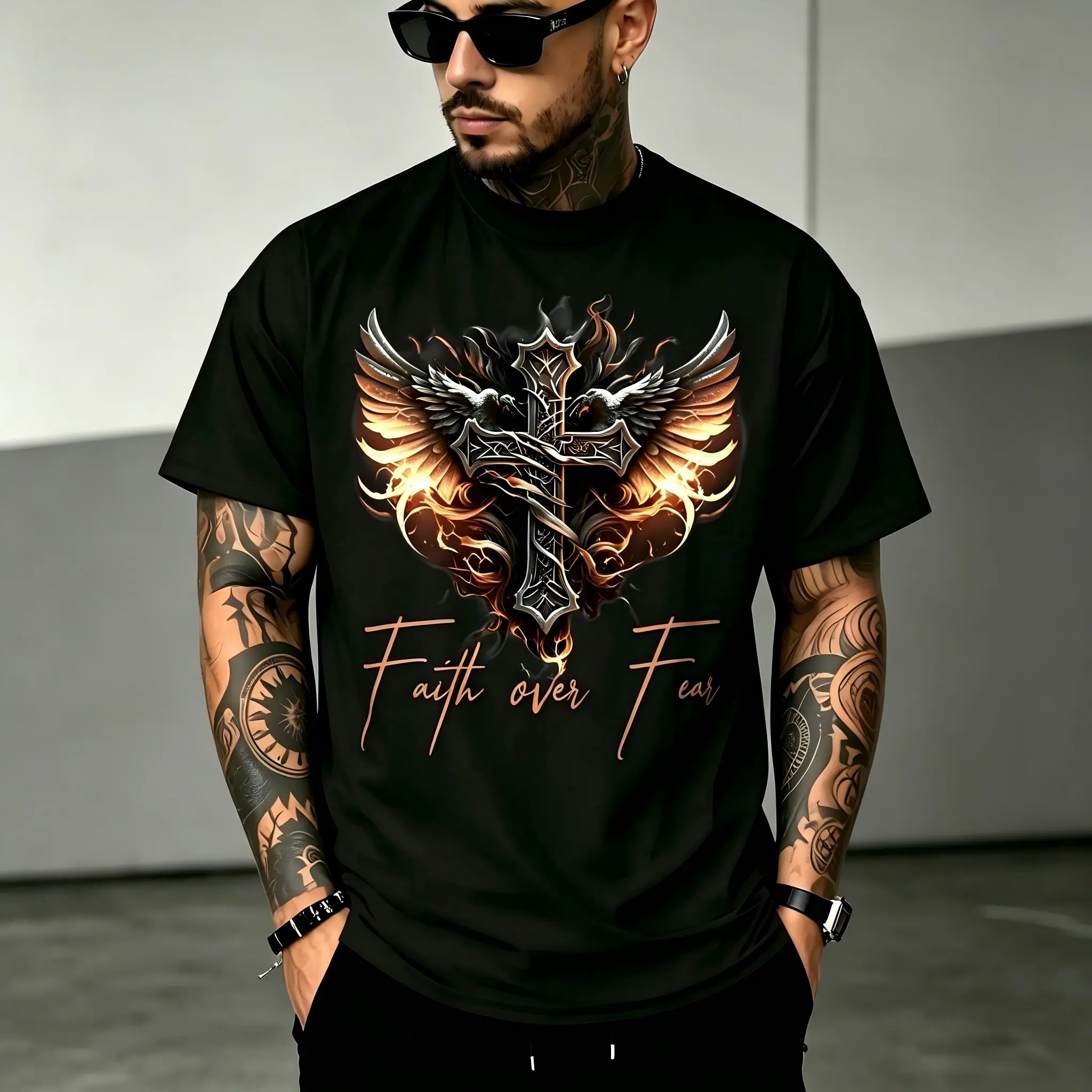 "Faith Over Fear" Christian Graphic T-Shirt for Men, Bold Angel Wings & Cross Religious Tee, Soft Breathable Cotton, Regular Fit, Machine Washable, Faith-Based Apparel for Church & Casual Wear