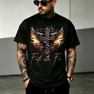 "Faith Over Fear" Christian Graphic T-Shirt for Men, Bold Angel Wings & Cross Religious Tee, Soft Breathable Cotton, Regular Fit, Machine Washable, Faith-Based Apparel for Church & Casual Wear