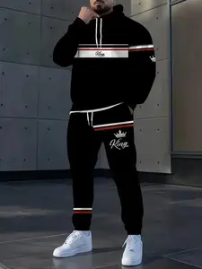 Men's Full Body 3D Digital Print Hoodie Pants Set, King Letter and Vertical Stripe Design, Casual Sportswear, Streetwear Tracksuit Set, Regular Fit, Fall & Winter