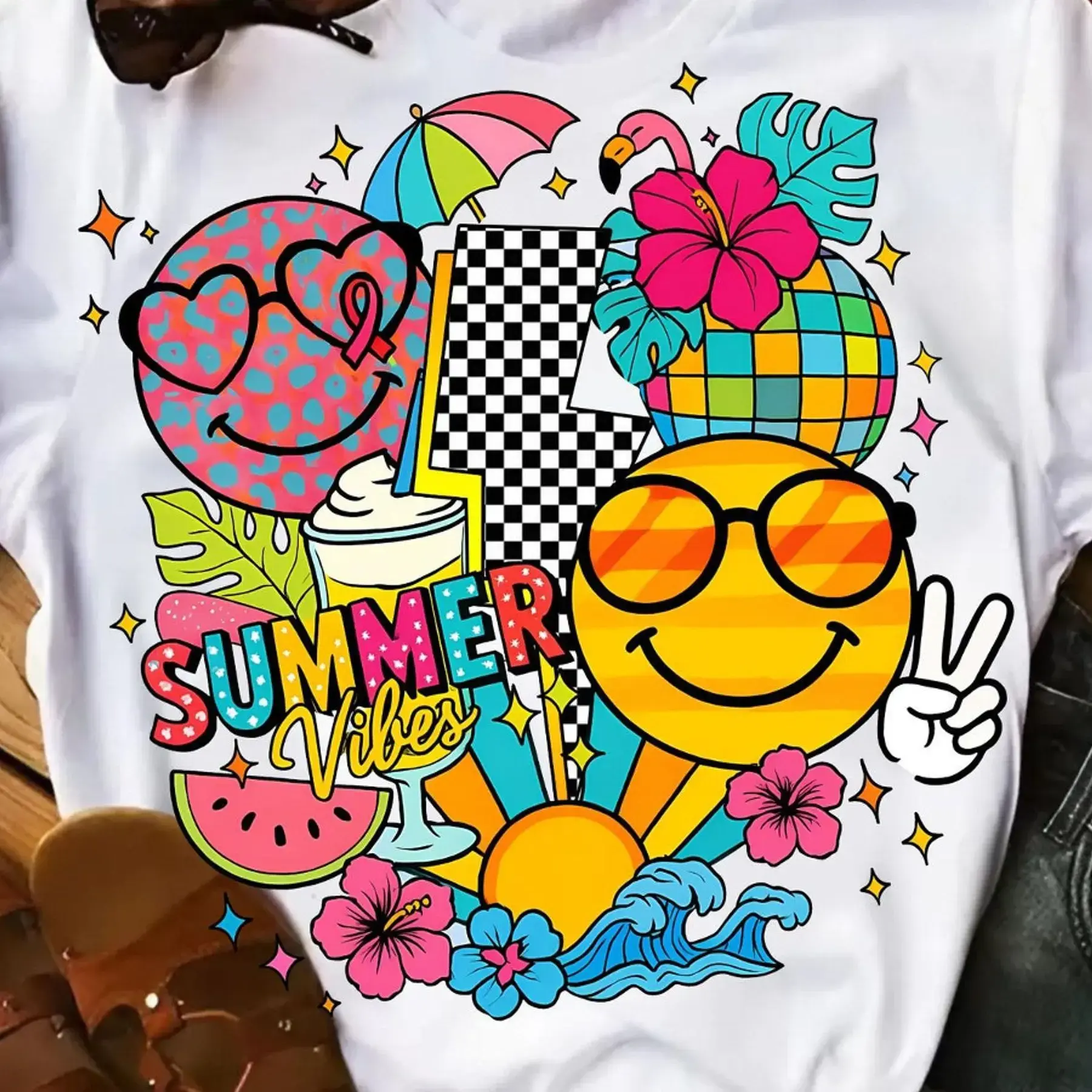 Women's Vintage Cotton Printed Tropical Palm Tree T-Shirt - Short Sleeve Round Neck Blouse, Compatible Top for Beach, Casual Summer Vacation Wear with "Oh Summer Time" Print, Machine Washable Wardrobe Essential