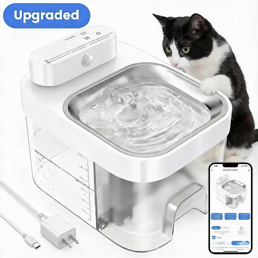 [Pawprint Atelier] 2026 Latest Cat Water Fountain Animal Water Bowl, 2.4G Wi-Fi APP Control, 5000mAh Battery, Clean & Wastewater Separation, No Filters, Plug-in Automatic Gravity Feeder