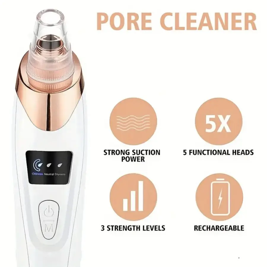 Pore Cleaner with Strong Suction Power 5 Functional Heads 3 Strength Levels Rechargeable Beauty Device