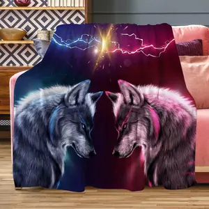Fleece blanket 50 x 40 inches, soft, cozy and warm, blue vs. red plush flannel blanket, ray Wolf design, for sofa, bed, living room