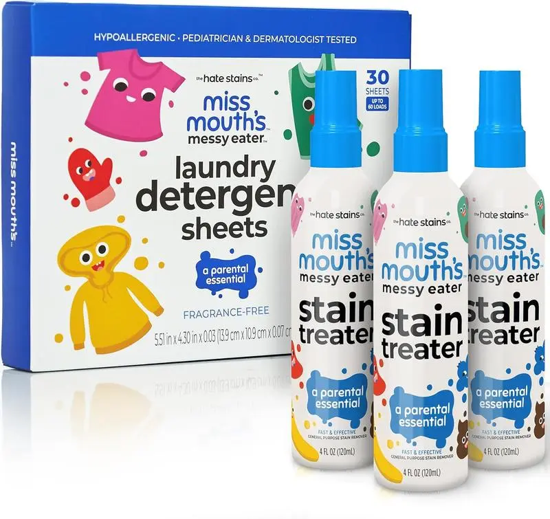 Miss Mouth’s Messy Eater Stain Remover Spray + Laundry Detergent Sheets Bundle – 30 Fragrance-Free, Hypoallergenic Sheets for Sensitive Skin, Pediatrician & Dermatologist Tested