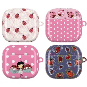 Ladybug Fairy Garden AirPods Case Cute Ladybug & Floral Patterns with Polka Dots Pastel Pink Whimsical Nature Aesthetic Kawaii Cartoon Fairy Style Durable Protective Cover For AirPods 1 2 3 4 & Pro Gen 1 2 3 Gift