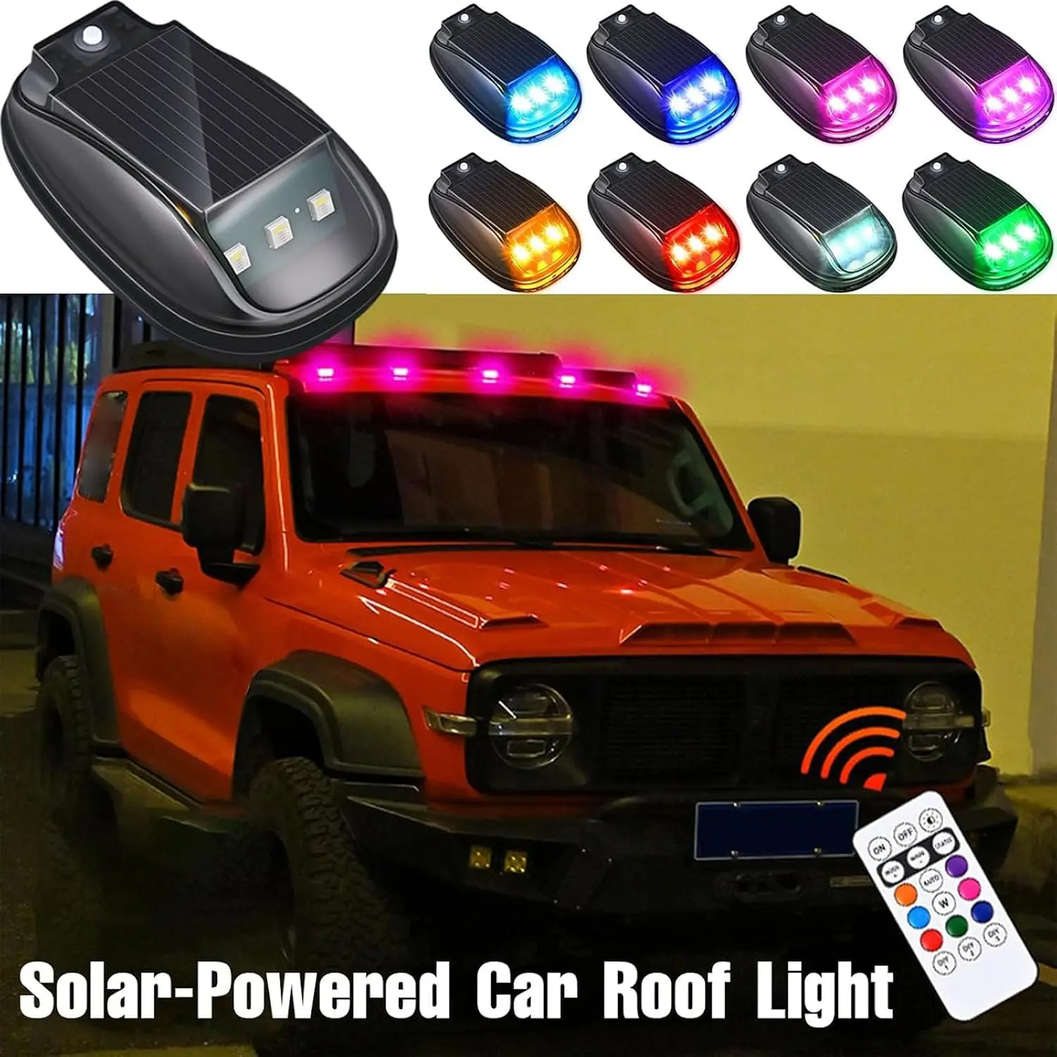 5-Pack Solar-Charged Roof RGB Neon Flashing LED Warning Lights – Durable ABS Housing, Adhesive Back Mounting, Vibration Sensor Function, No-Drill Installation, Waterproof Exterior Cab Outlining Accessories, Suitable for Cars and Heavy Trucks